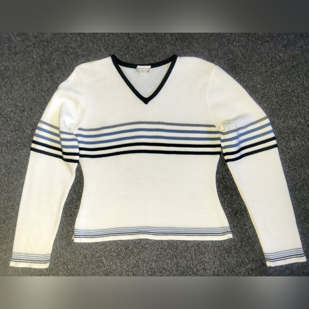 In Charge V-Neck Sweater - White and Navy Stripes